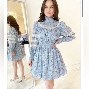 HUNTER BELL Blue Lace Smocked Neck Ryan Dress Ditsy Floral Sz XS